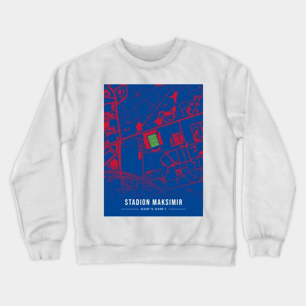 Maksimir Stadion Blue Map Design Crewneck Sweatshirt by TopFootballStadiums